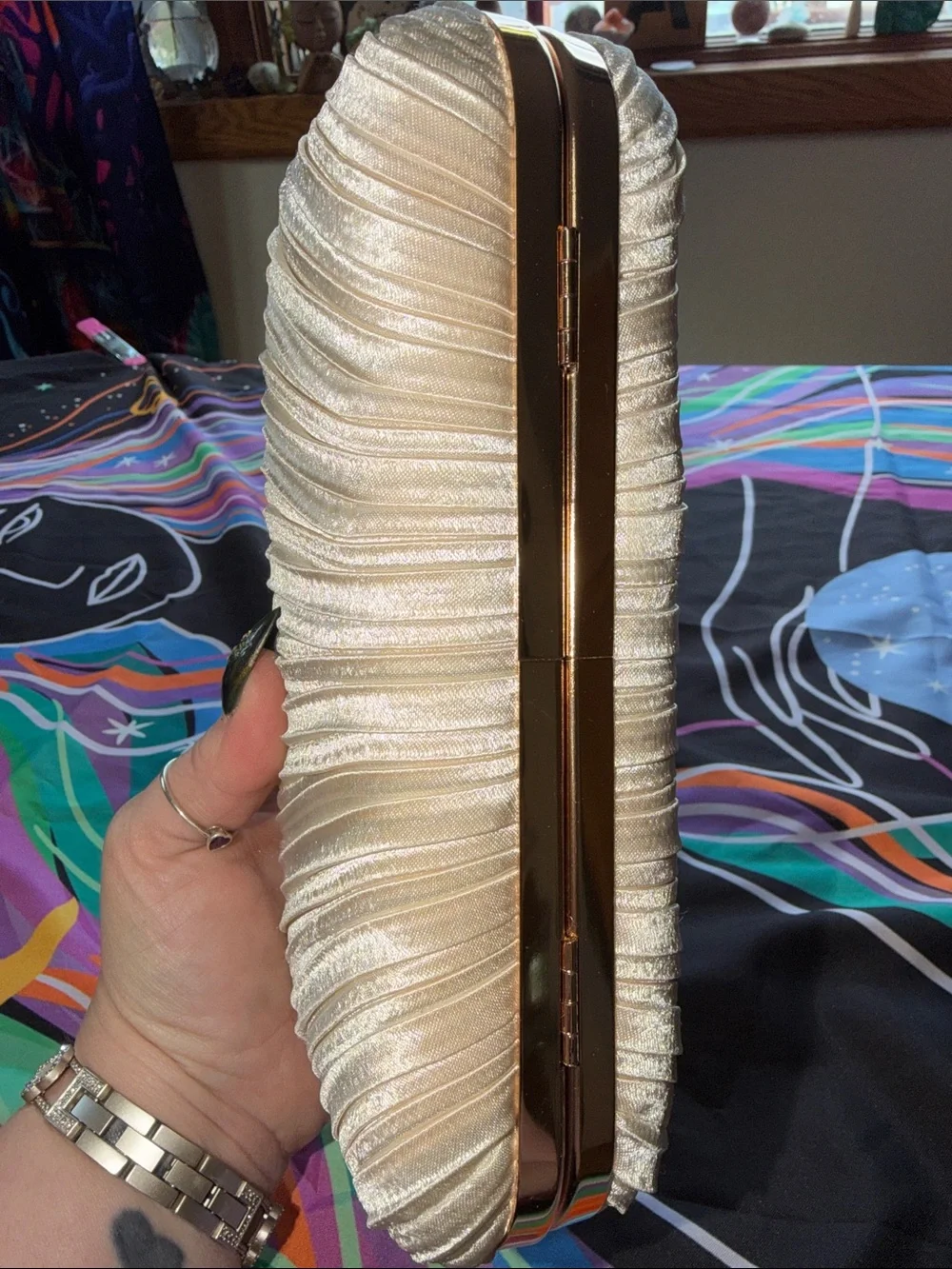 Elegant Pearl Ivory Satin Clutch with Gold Bird Accent NWOT